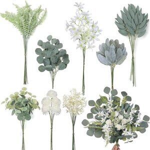 Artificial‎ Greenery Stems Box Set(Pack of 65pcs) with 8 Kinds of Faux Plants